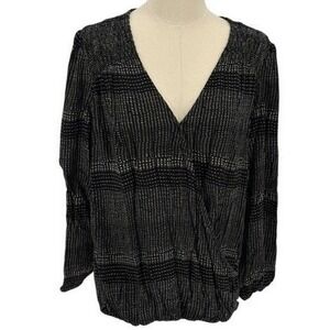 KNOX ROSE Women's Black White‎ Textured V Neck Wrap Style Blouse Size L
